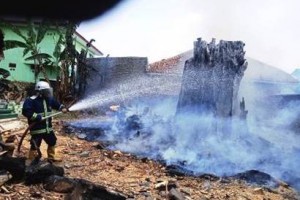 Petugas saat memedamkan pohon beringin yang terbakar.